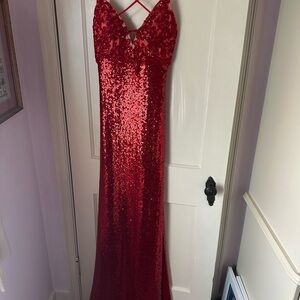 Jovani Red Sequin Spaghetti-Strap Evening Dress
